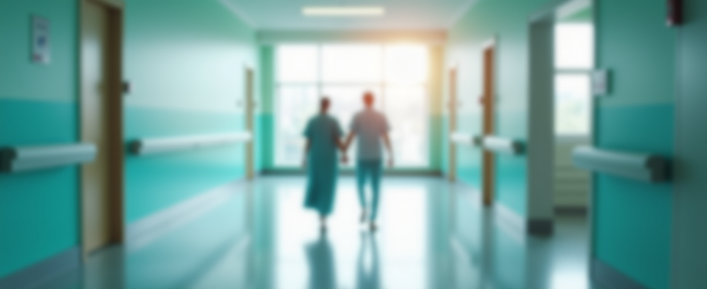 Two people walking together down a bright hospital corridor